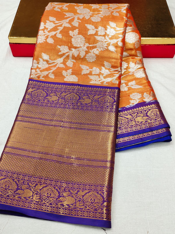 A dreamy Orange Kanjivaram Silk With Efflorescence Blouse Piece