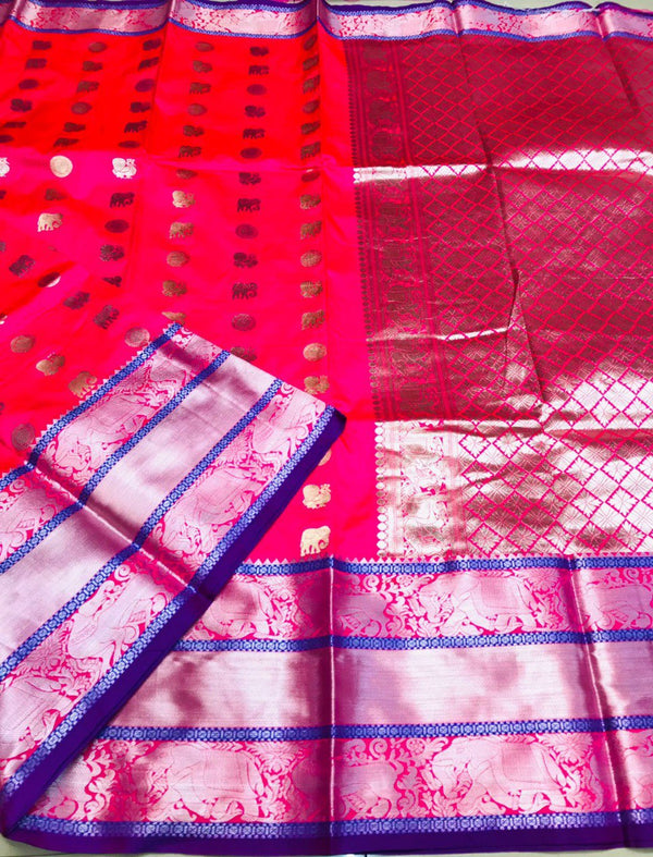 A dreamy Dark Pink Banarasi Silk Saree With Admirable Blouse Piece